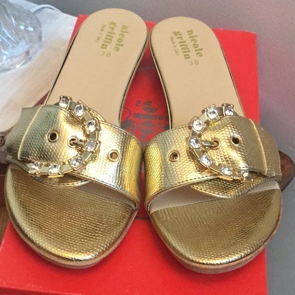 Nicole Griffin. Elegant gold colored slip on shoes/sandals with bling.